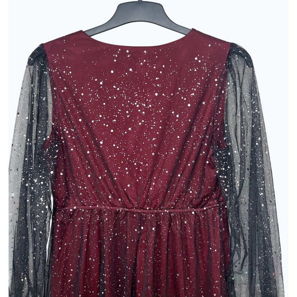 JJs House Burgundy A-Line Dress XL Womens Sparkly Party Gown With Sheer Sleeves - Picture 5 of 16